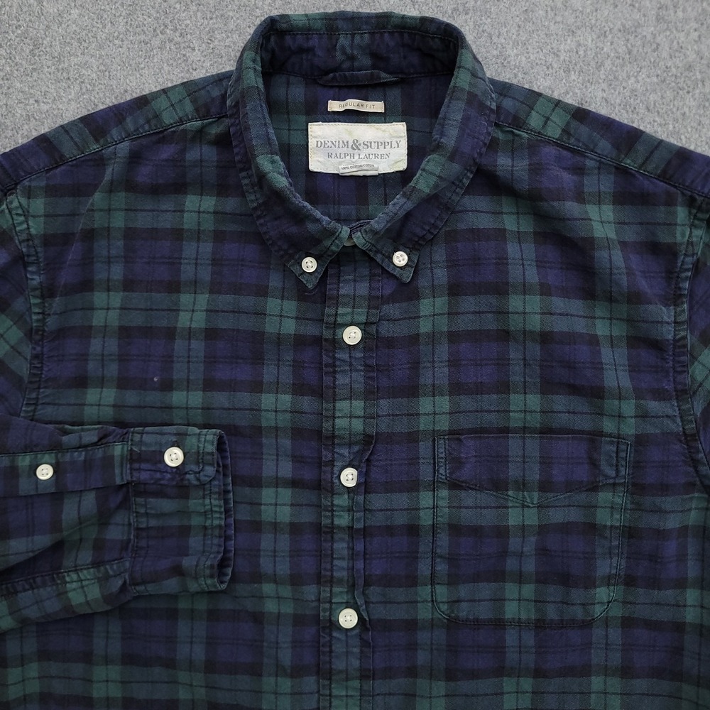 Ralph Lauren Shirt Mens Large Black watch Tartan Plaid Blue Green Regular Fit